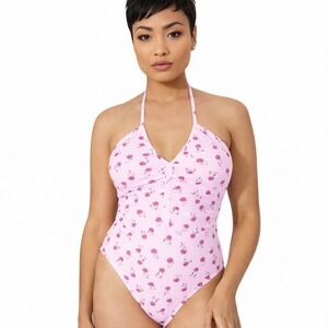 Shade & Shore Pink Rose Print Halter One Piece Swimsuit Size 17 New With Tags